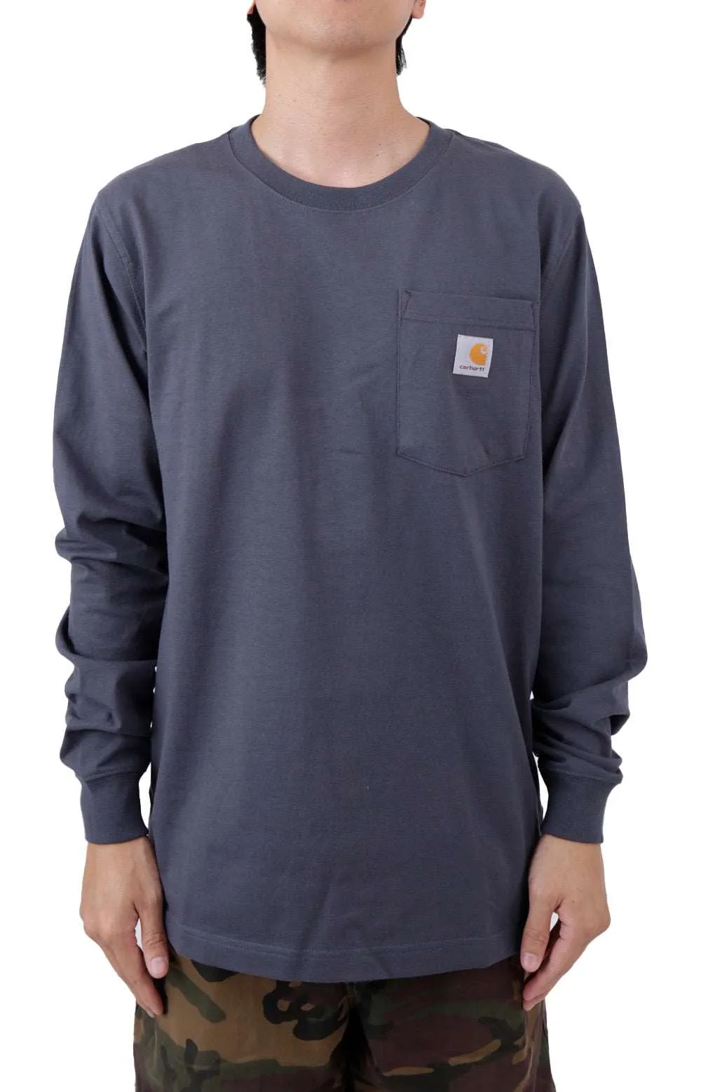 (105425) Relaxed Fit Heavyweight Long Sleeve Pocket Crafted Graphic T-Shirt - Bluestone