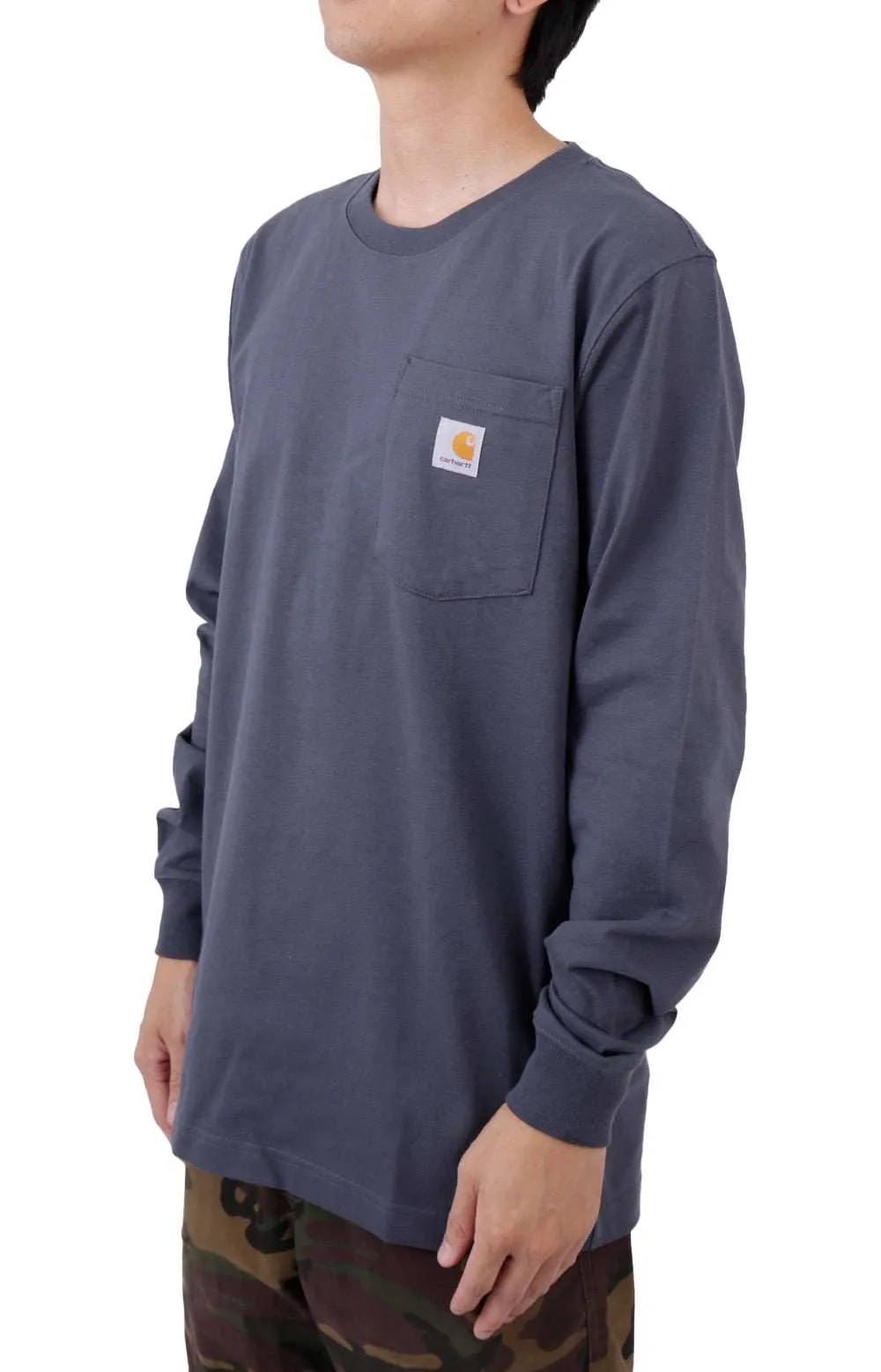 (105425) Relaxed Fit Heavyweight Long Sleeve Pocket Crafted Graphic T-Shirt - Bluestone