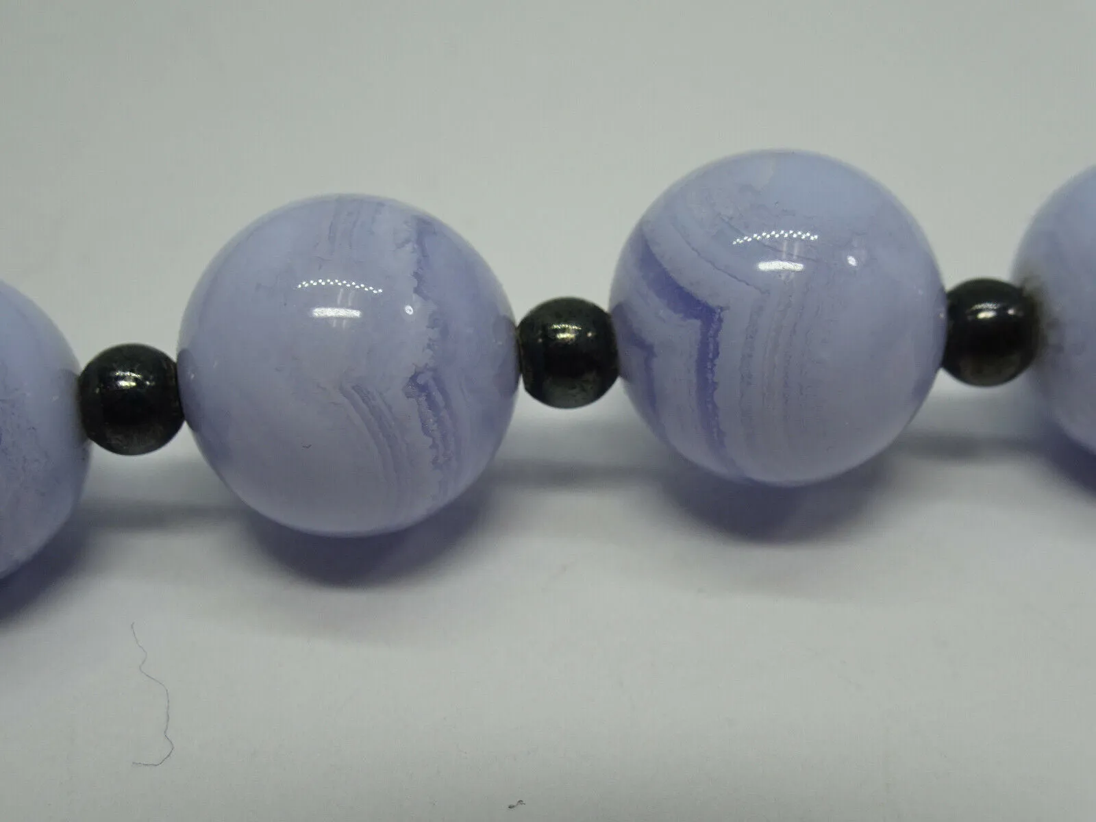12mm Wide Blue Lace Agate Sterling Silver Bead Necklace 18" Long Magnetic Clasp