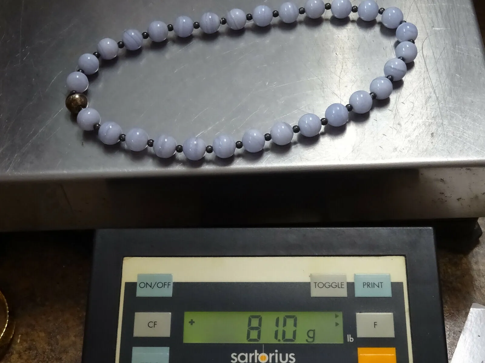 12mm Wide Blue Lace Agate Sterling Silver Bead Necklace 18" Long Magnetic Clasp