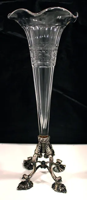 1899 DOMINICK & HAFF 13 1/2" STERLING & GLASS RIPPLED RIM SHELL FORM FEET VASE