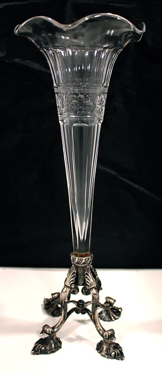 1899 DOMINICK & HAFF 13 1/2" STERLING & GLASS RIPPLED RIM SHELL FORM FEET VASE