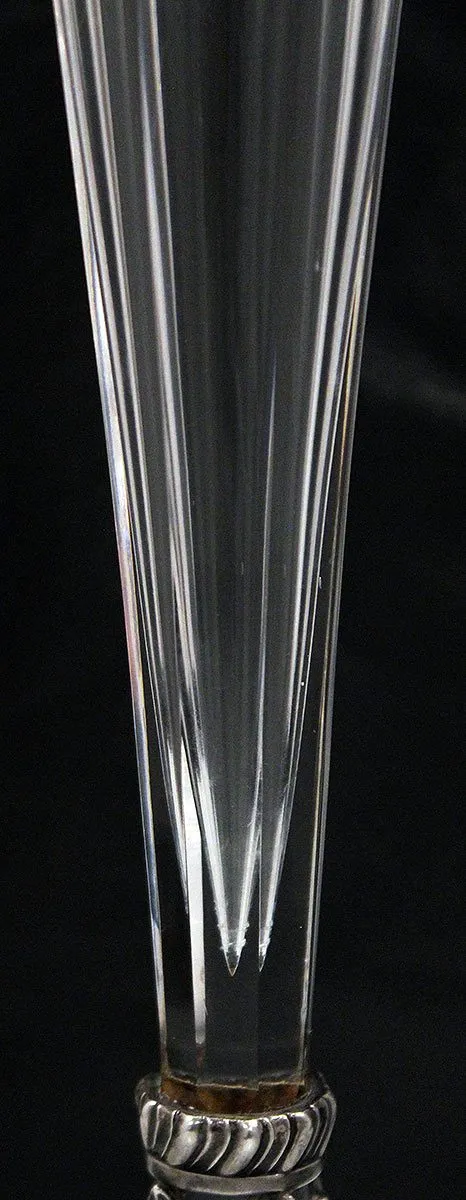 1899 DOMINICK & HAFF 13 1/2" STERLING & GLASS RIPPLED RIM SHELL FORM FEET VASE