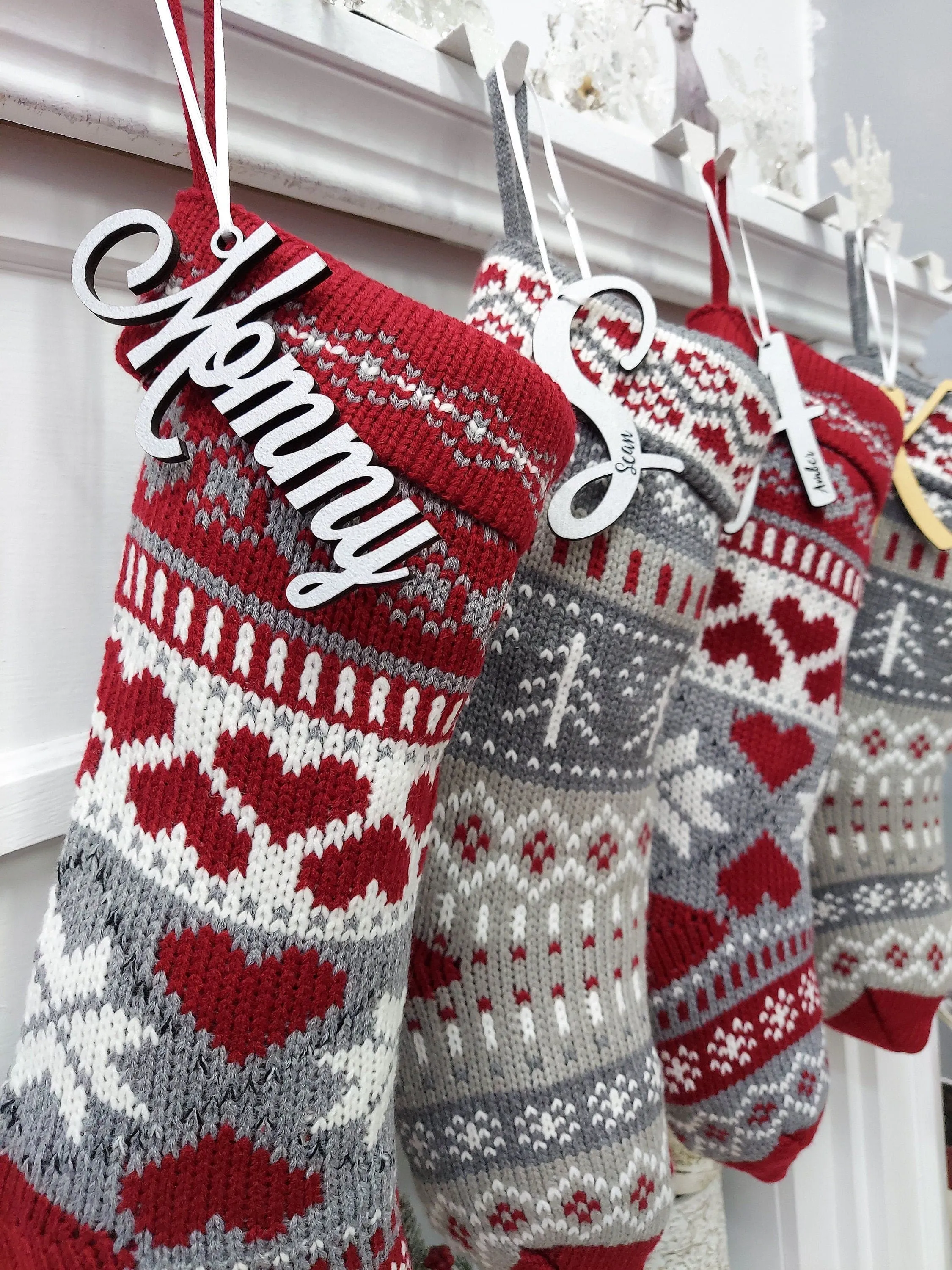 20" Chunky Grey White Red Knit Christmas Stocking with Heart, Tree, Snowflake Design Engraved Wood Name Tag - Holiday Xmas Gift Personaized