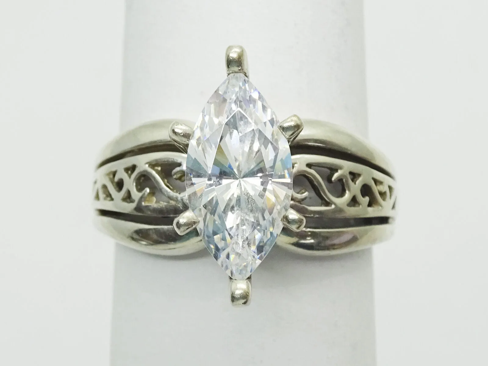 2ct Marquise CZ Sterling Silver Filigree Ring Size 6