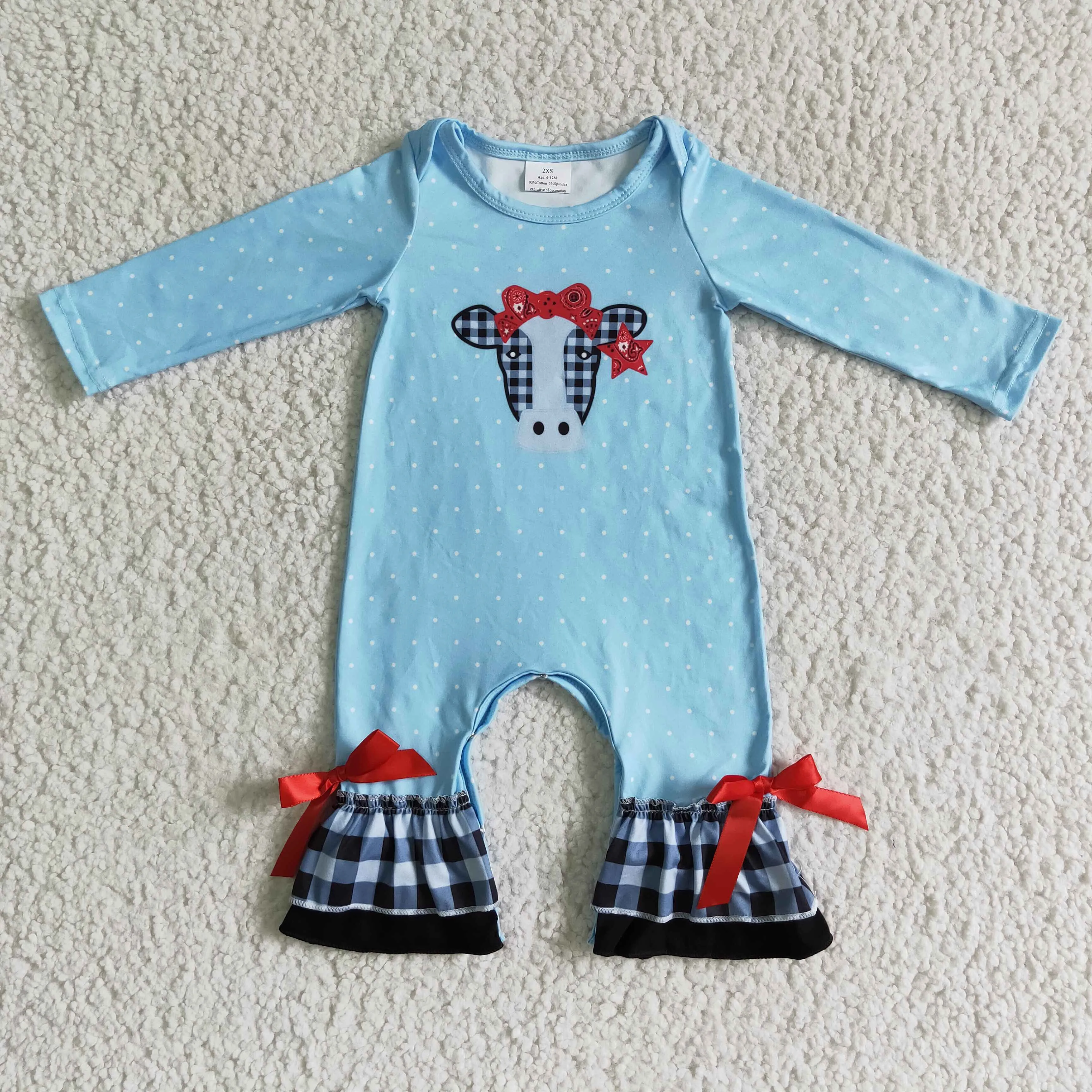 6 A27-2-1 girl blue long sleeve romper for fall infants cow print jumpsuit with red bow-knot