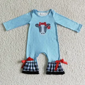 6 A27-2-1 girl blue long sleeve romper for fall infants cow print jumpsuit with red bow-knot