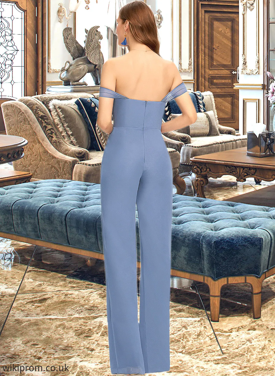 Alissa Jumpsuit/Pantsuit Off-the-Shoulder Floor-Length Chiffon Bridesmaid Dress With Pockets SWKP0013010