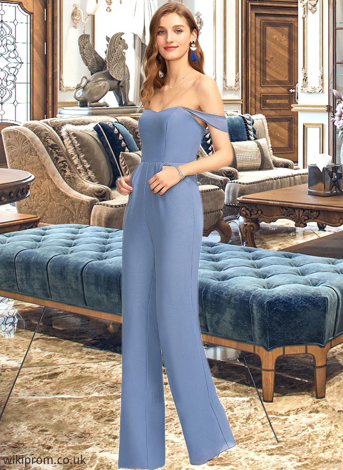 Alissa Jumpsuit/Pantsuit Off-the-Shoulder Floor-Length Chiffon Bridesmaid Dress With Pockets SWKP0013010