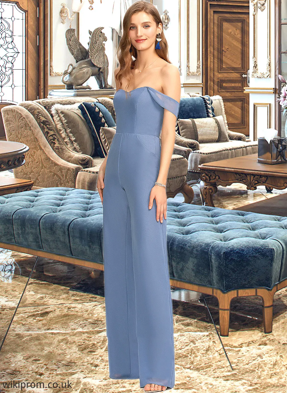 Alissa Jumpsuit/Pantsuit Off-the-Shoulder Floor-Length Chiffon Bridesmaid Dress With Pockets SWKP0013010