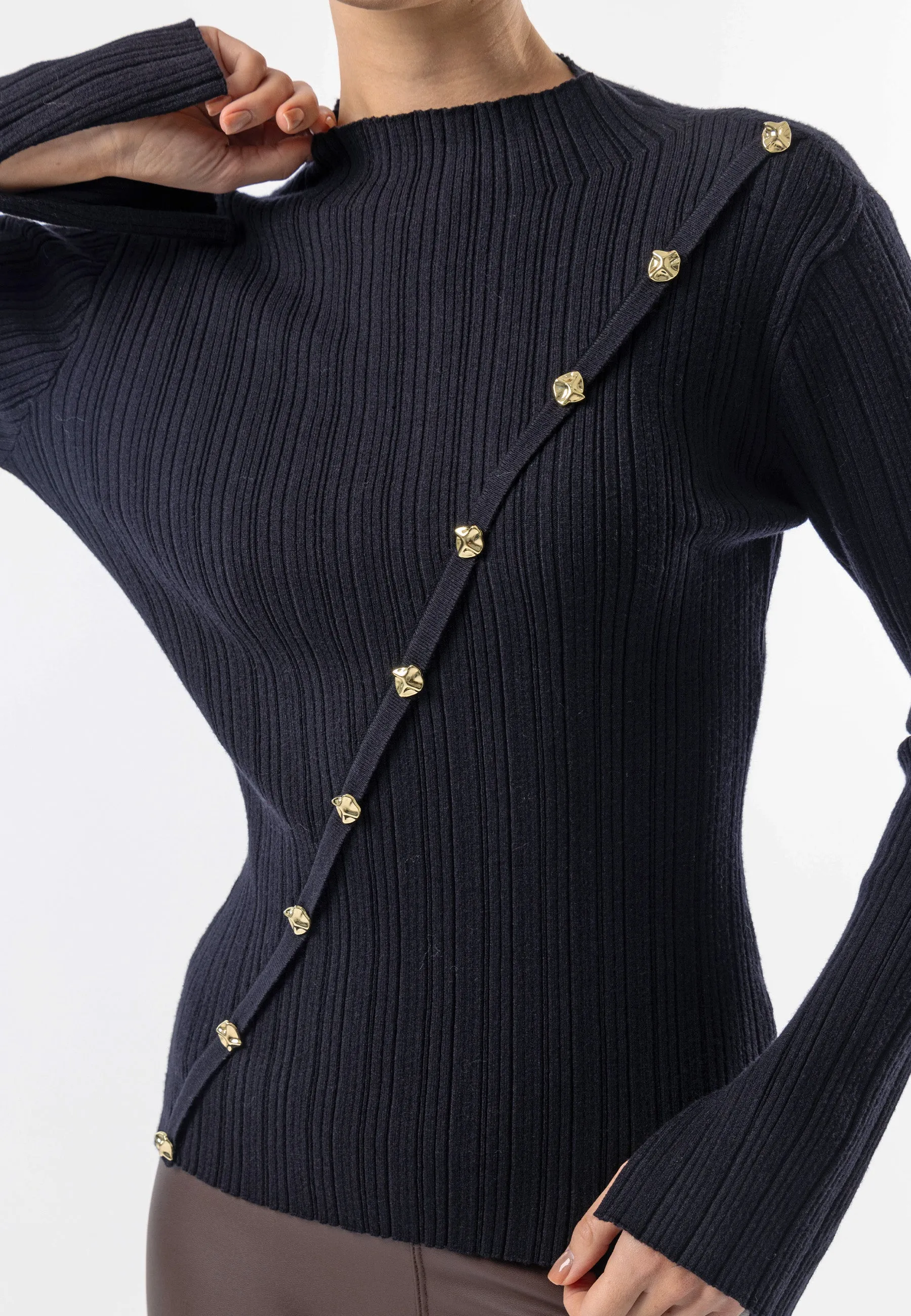 Angeleye Asymmetric Gold Button Detail Top In Black