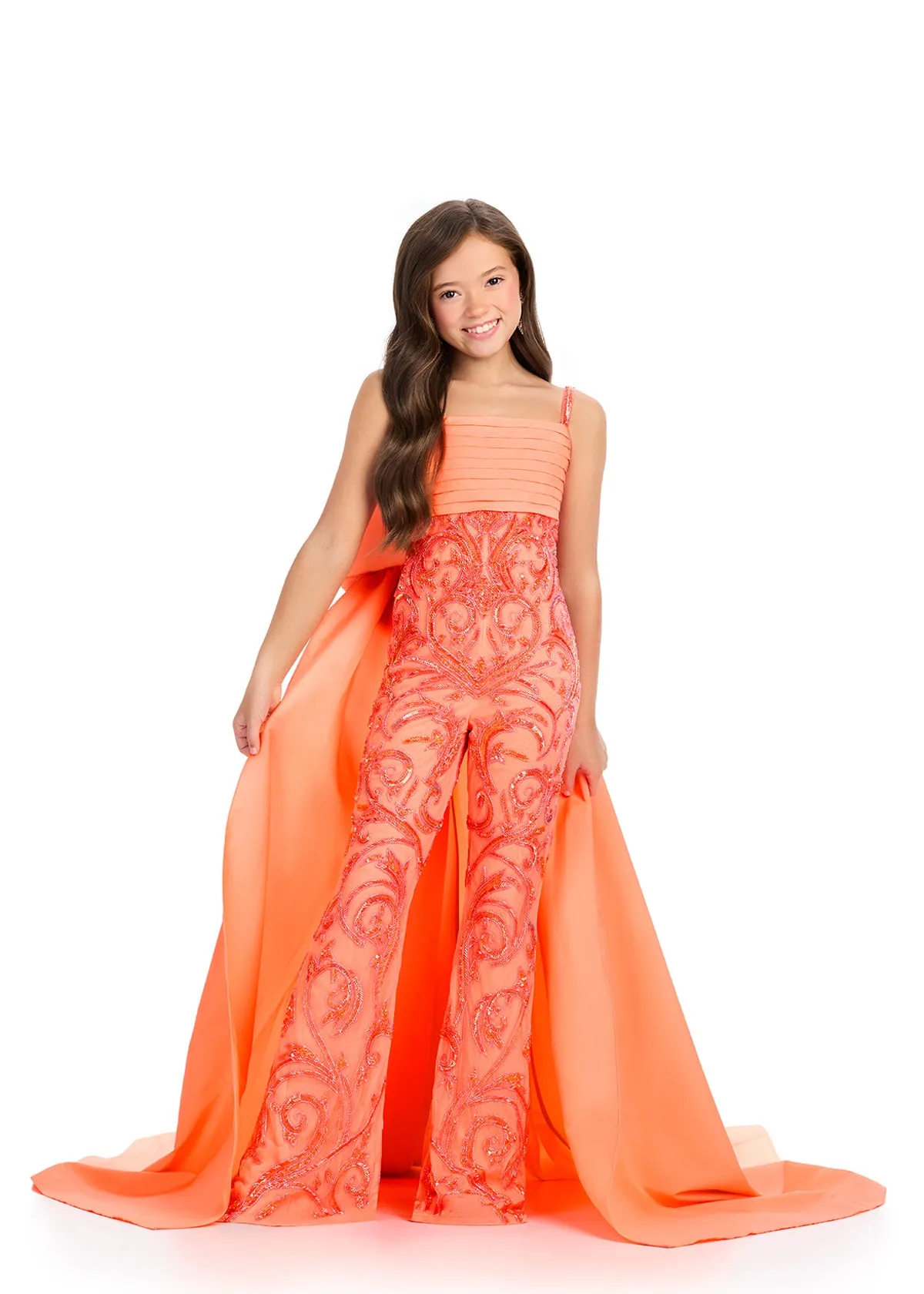 Ashley Lauren Kids 8292 Girls Beaded Pageant Jumpsuit Bow Cape Overskirt Formal Sequin Fun Fashion