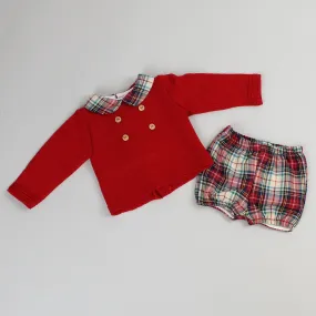 Baby Boys Red Knitted Top & Tartan Shorts - Pex Cole