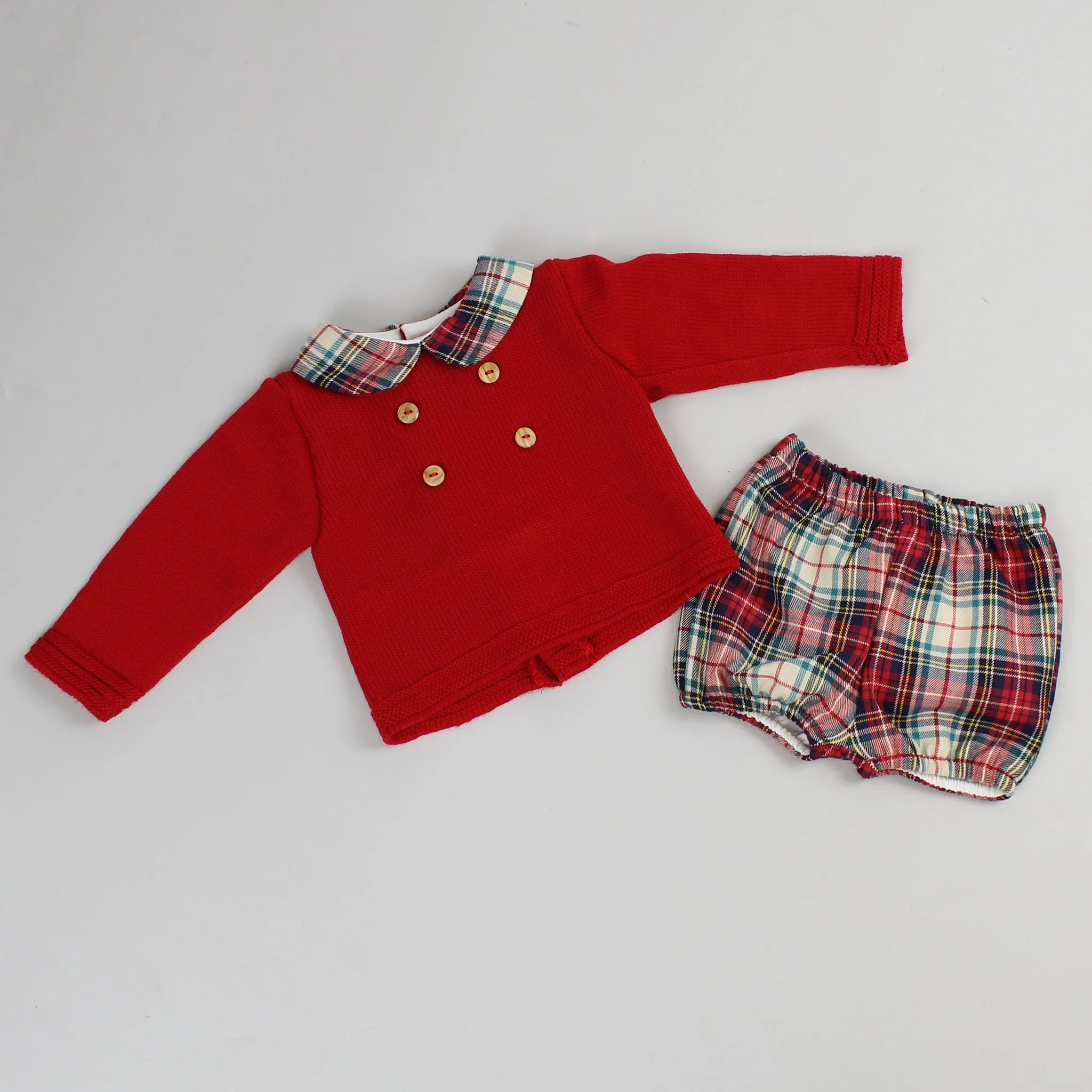 Baby Boys Red Knitted Top & Tartan Shorts - Pex Cole