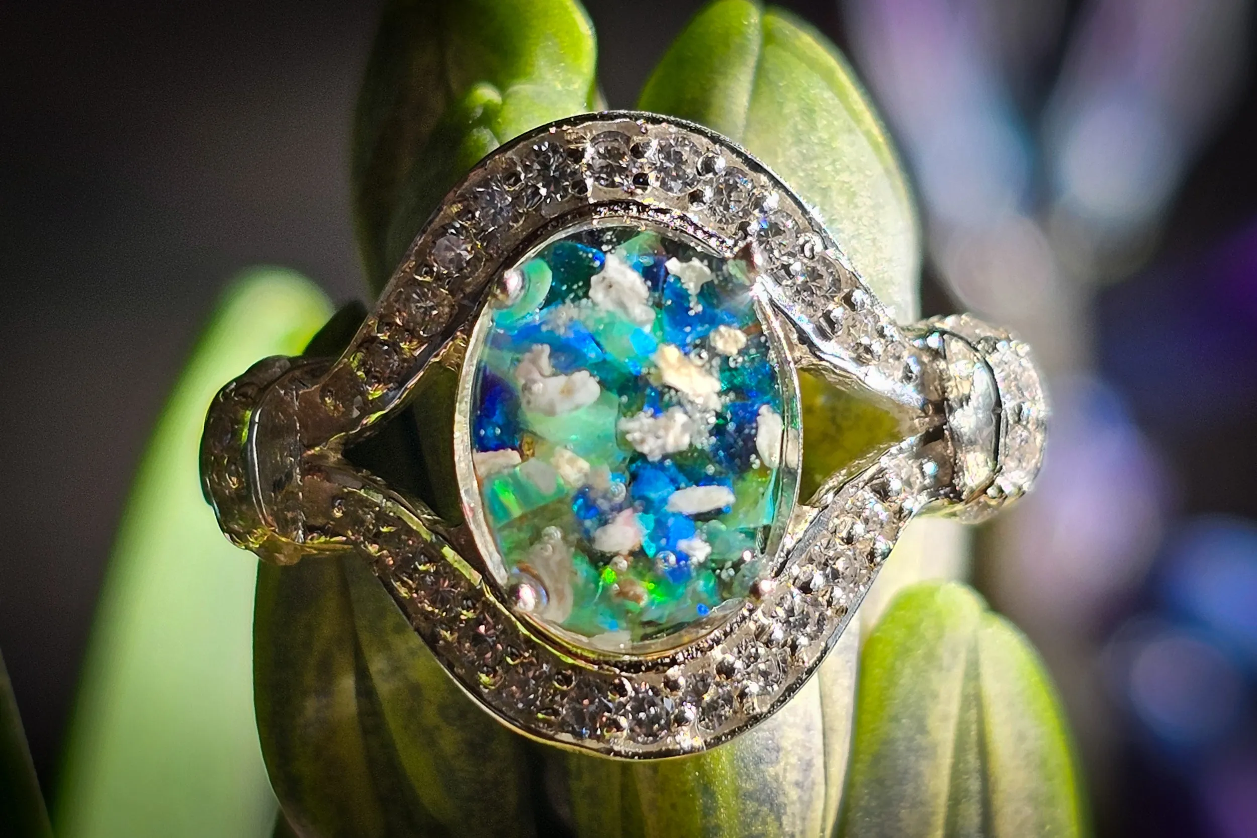 Bedazzled Opal Eye Ring with Cremation Ashes