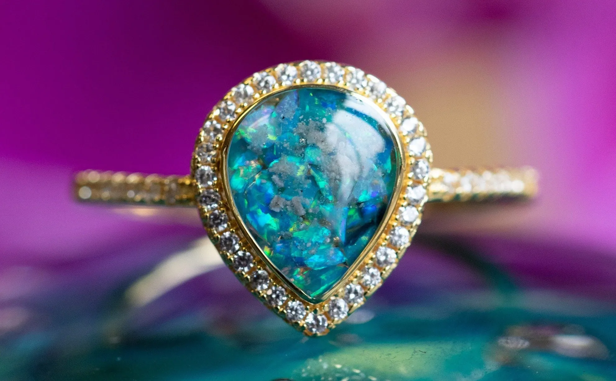 Bedazzled Pear Opal Ring with Cremation Ashes