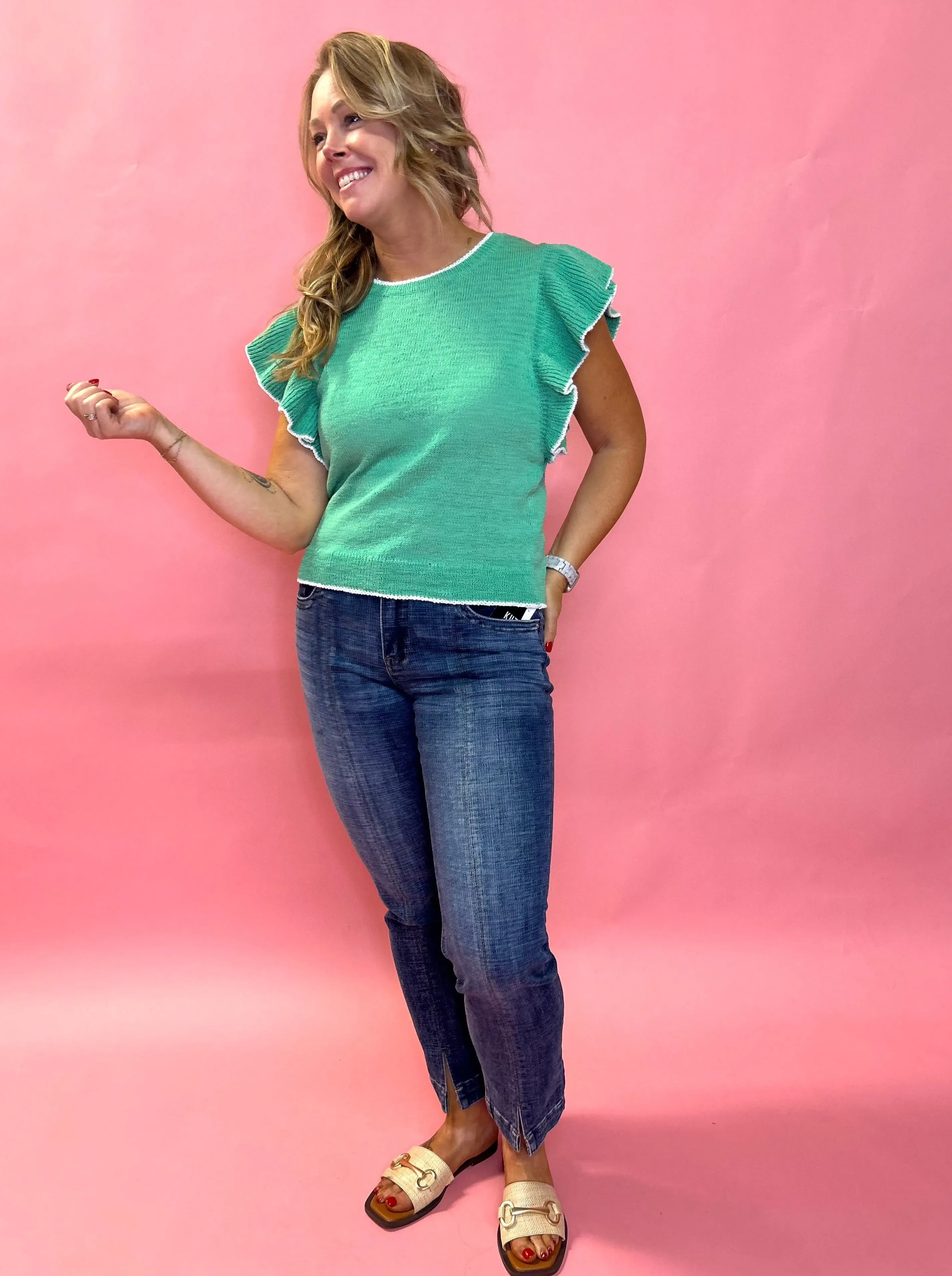 Bella Crochet Knit Flutter Sleeve Top in Green