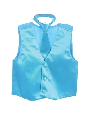 Big Boys Turquoise Three Button Satin Vest Tie 2 Pc Set 8-16