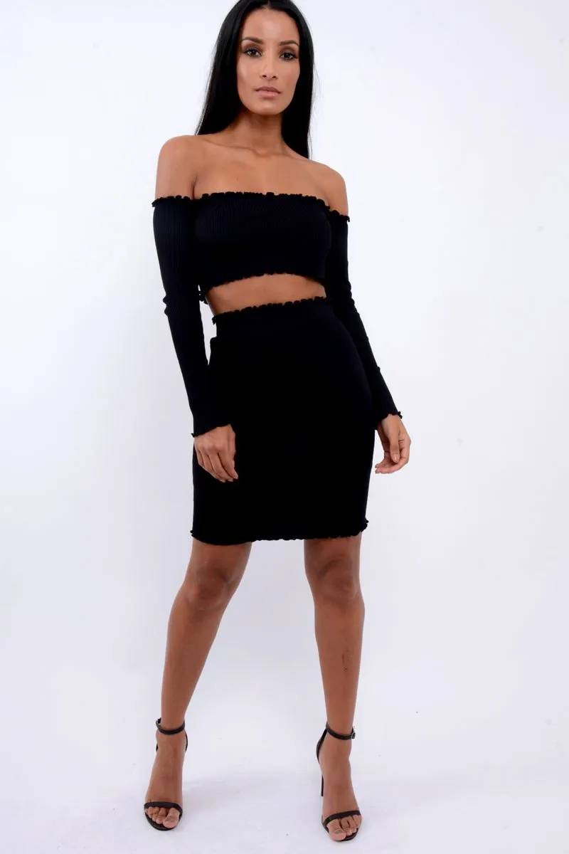 Black Ribbed Knitted Co-ord with Frill Hems - Sicilie