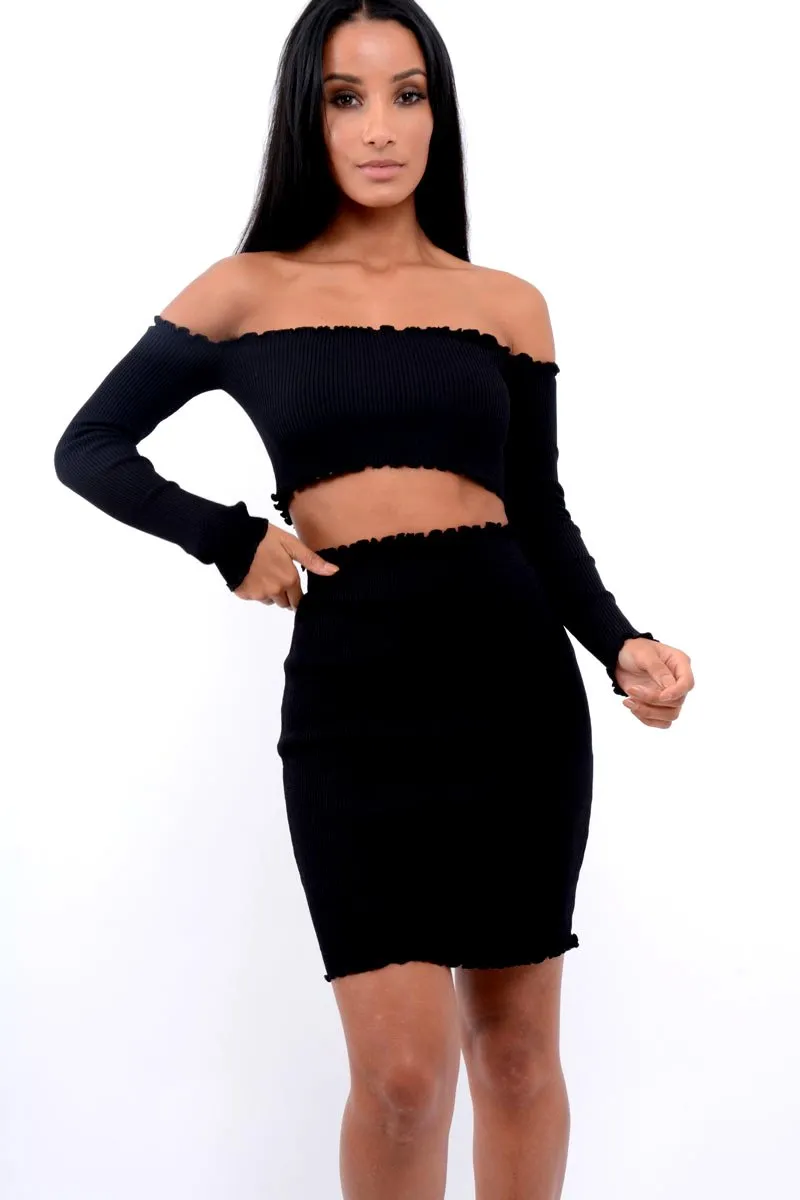 Black Ribbed Knitted Co-ord with Frill Hems - Sicilie