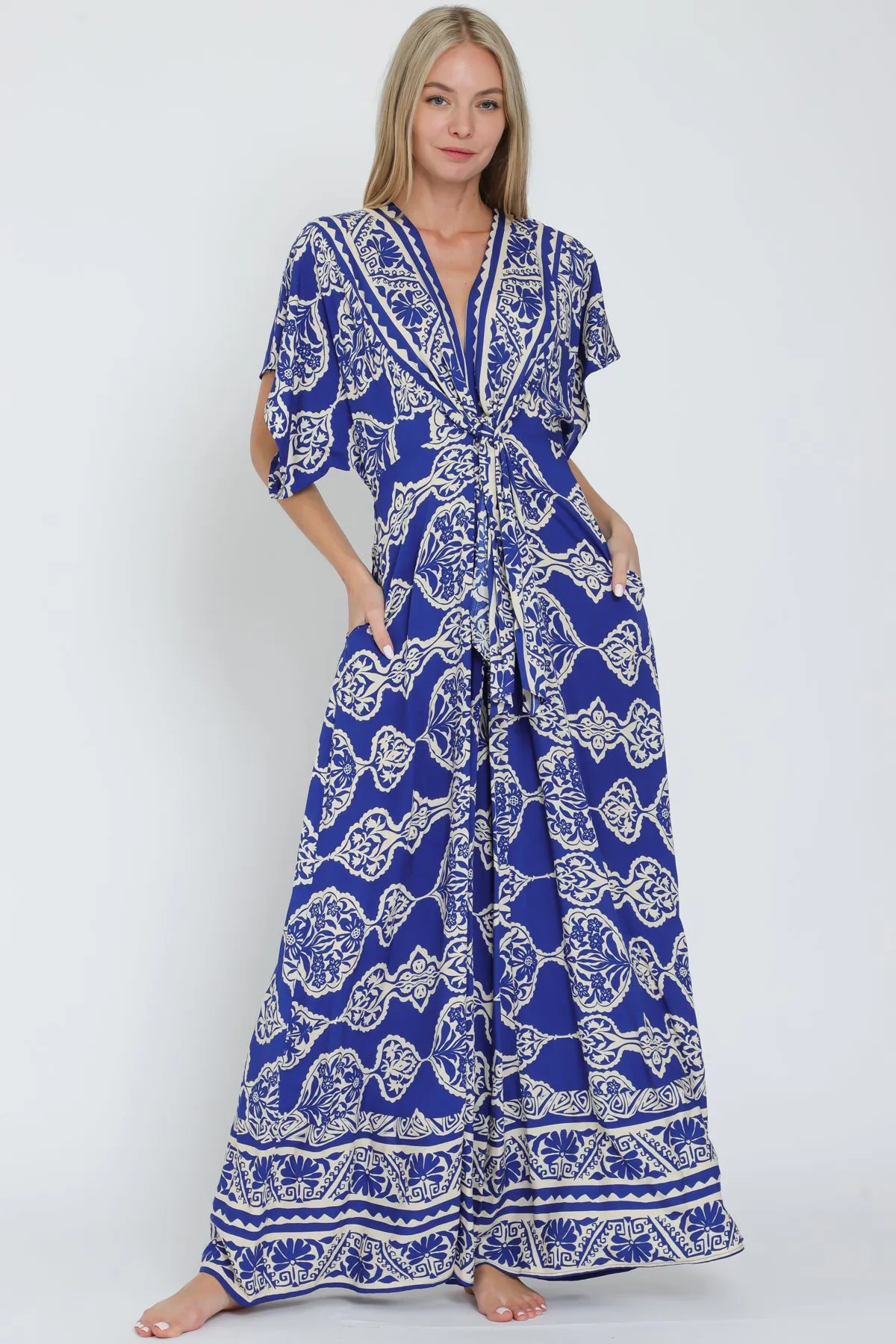 Blue Kimono Sleeve Wide Leg Jumpsuit