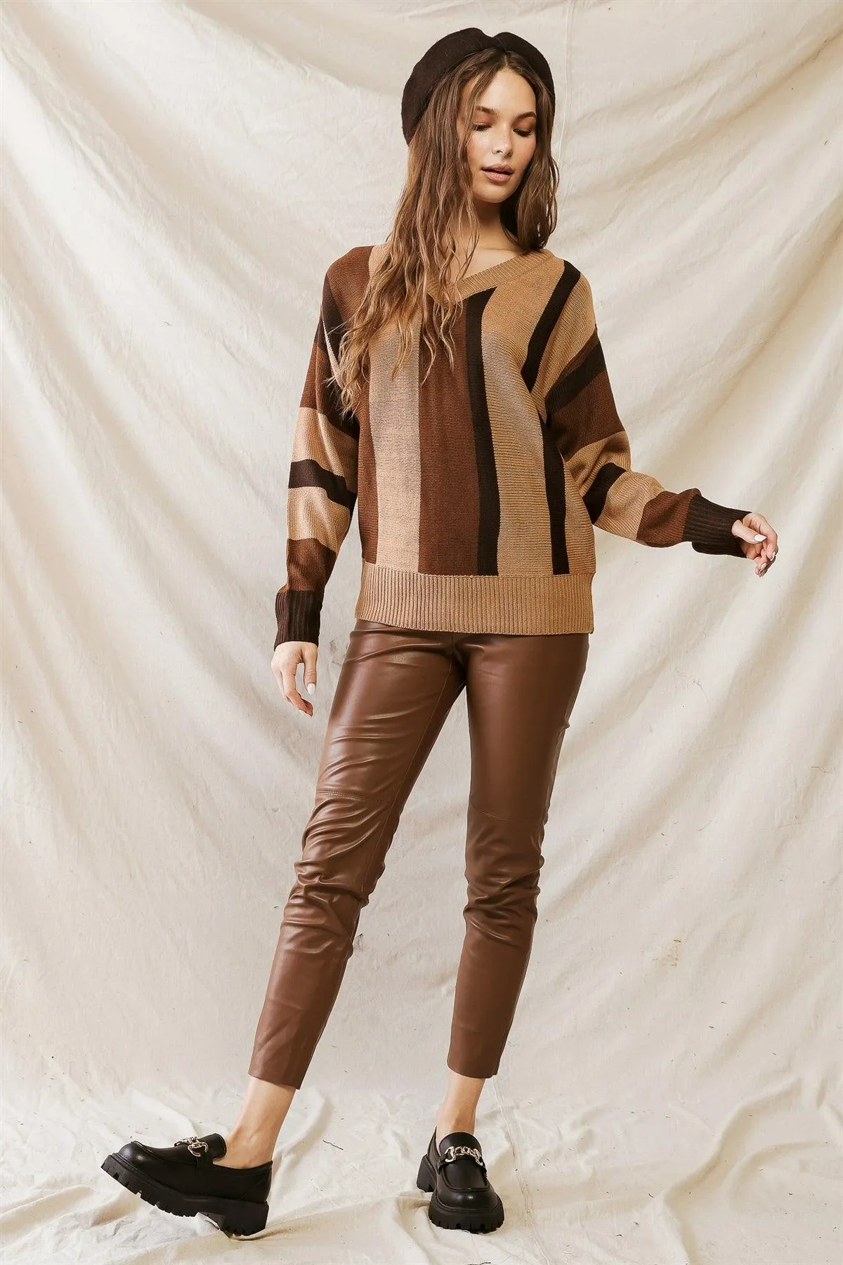 Brown Multi Colorblock Knit V-Neck Long Sleeve Sweater /1-2-2-1