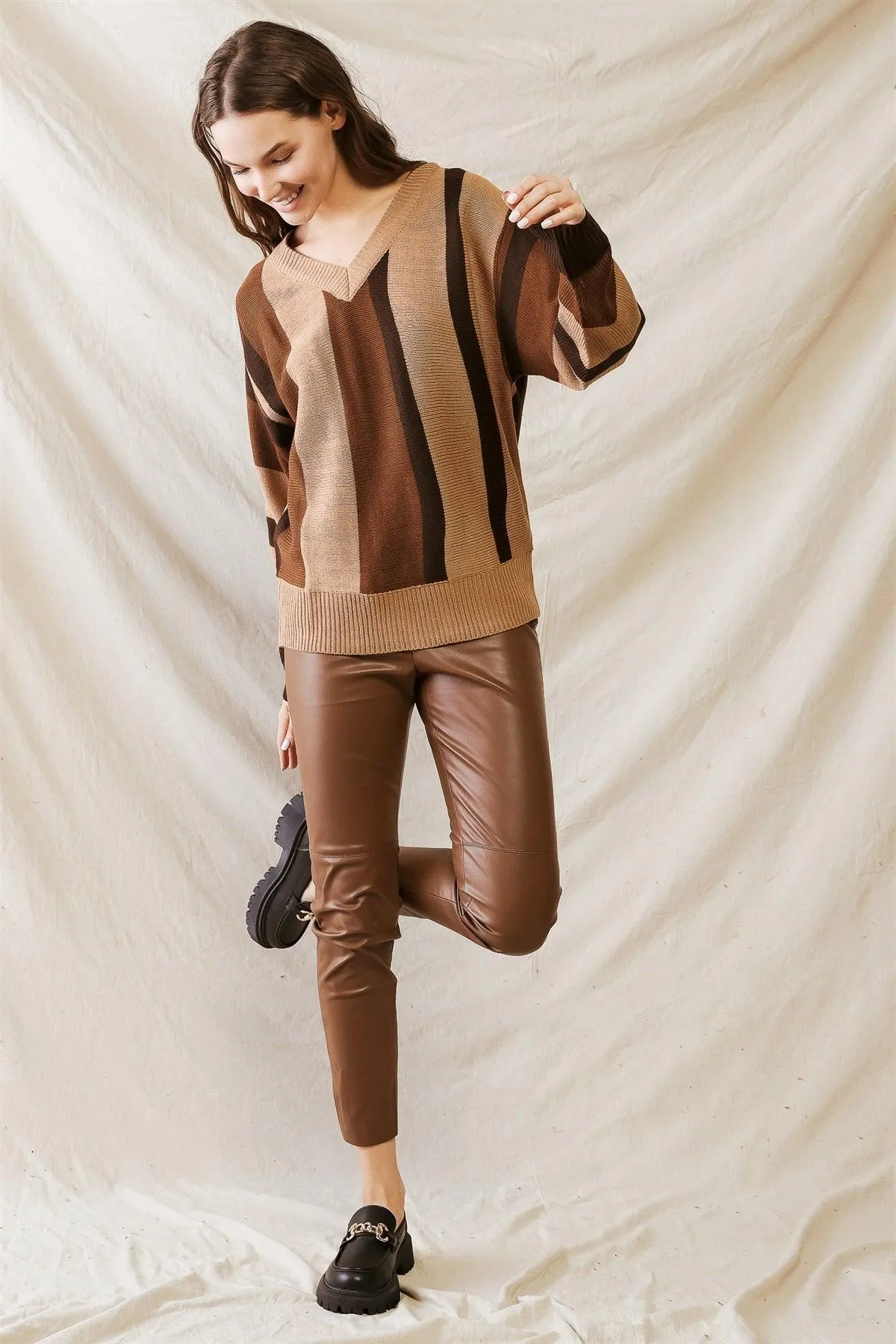 Brown Multi Colorblock Knit V-Neck Long Sleeve Sweater /1-2-2-1
