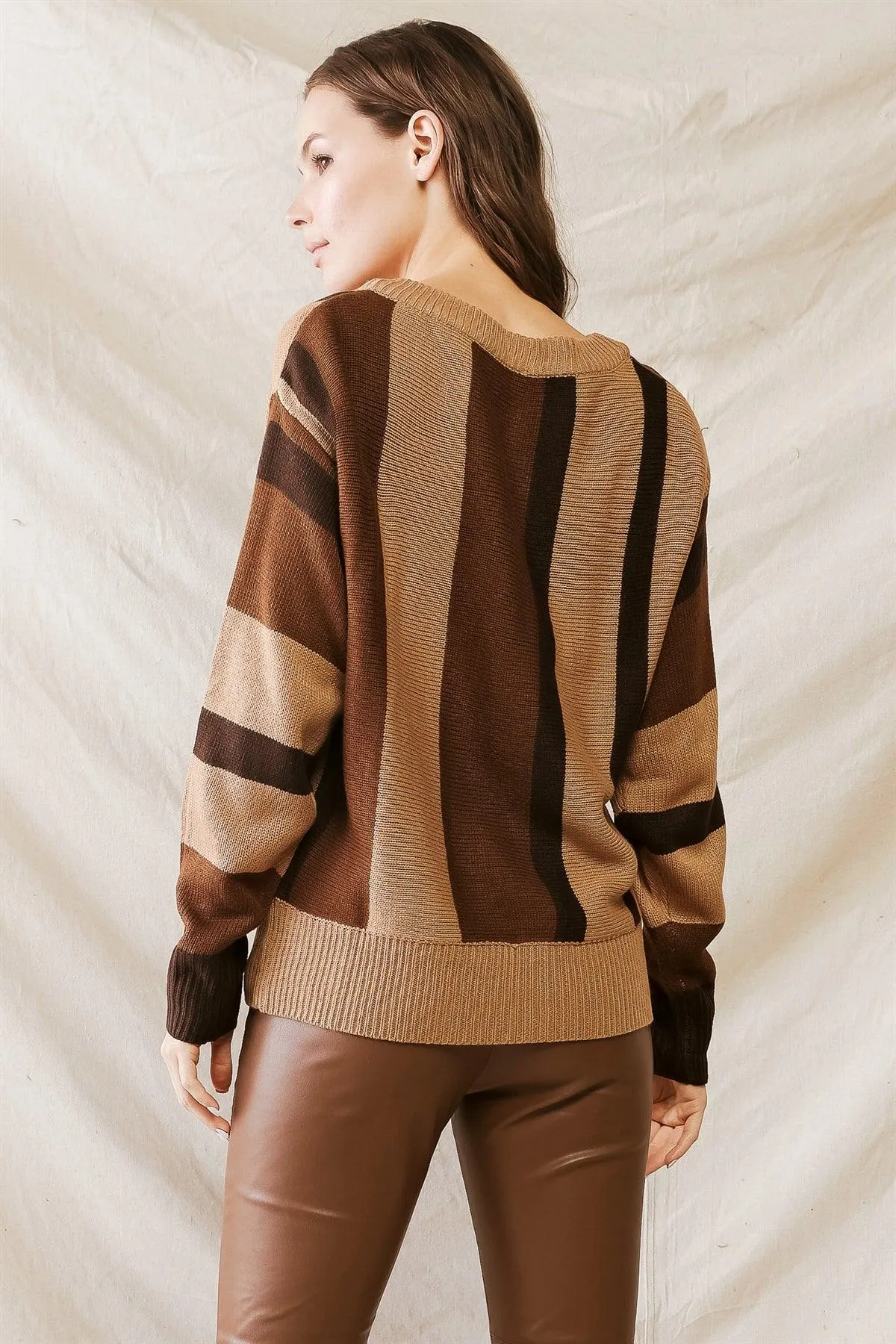 Brown Multi Colorblock Knit V-Neck Long Sleeve Sweater /1-2-2-1