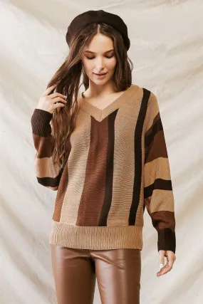 Brown Multi Colorblock Knit V-Neck Long Sleeve Sweater /1-2-2-1
