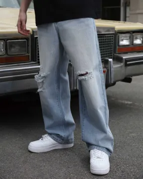 Casual and Versatile Blue Ripped Baggy Jeans-Mexico Local Delivery