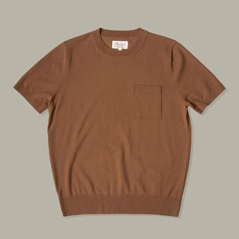 Crewneck Knit T-Shirt - 100% Cotton Men's Short-Sleeve Casual Pocket Tee