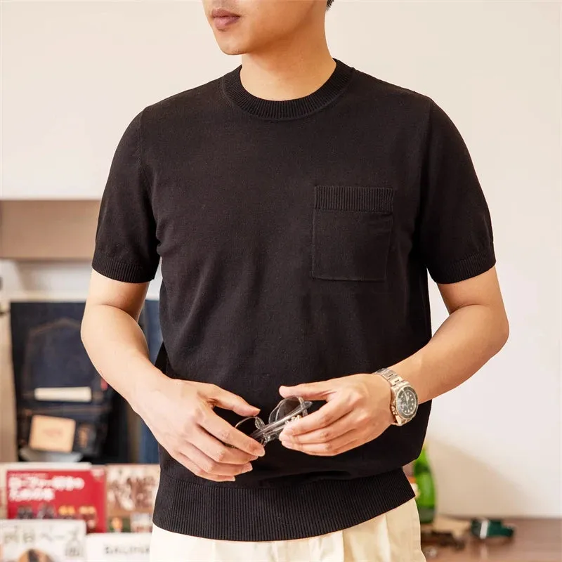 Crewneck Knit T-Shirt - 100% Cotton Men's Short-Sleeve Casual Pocket Tee