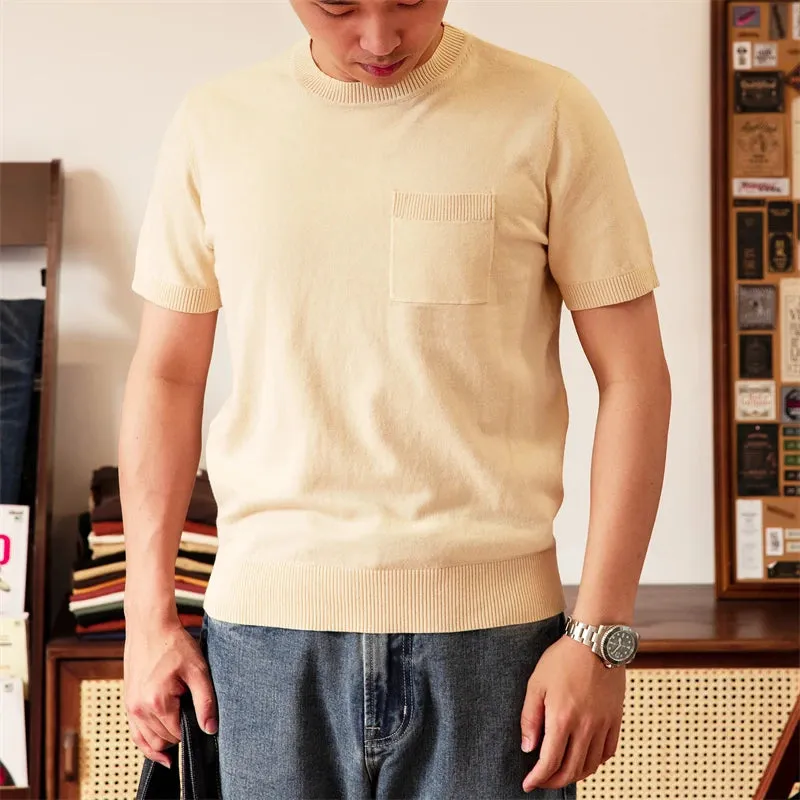 Crewneck Knit T-Shirt - 100% Cotton Men's Short-Sleeve Casual Pocket Tee
