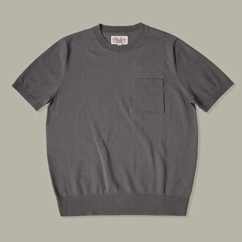 Crewneck Knit T-Shirt - 100% Cotton Men's Short-Sleeve Casual Pocket Tee