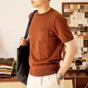 Crewneck Knit T-Shirt - 100% Cotton Men's Short-Sleeve Casual Pocket Tee