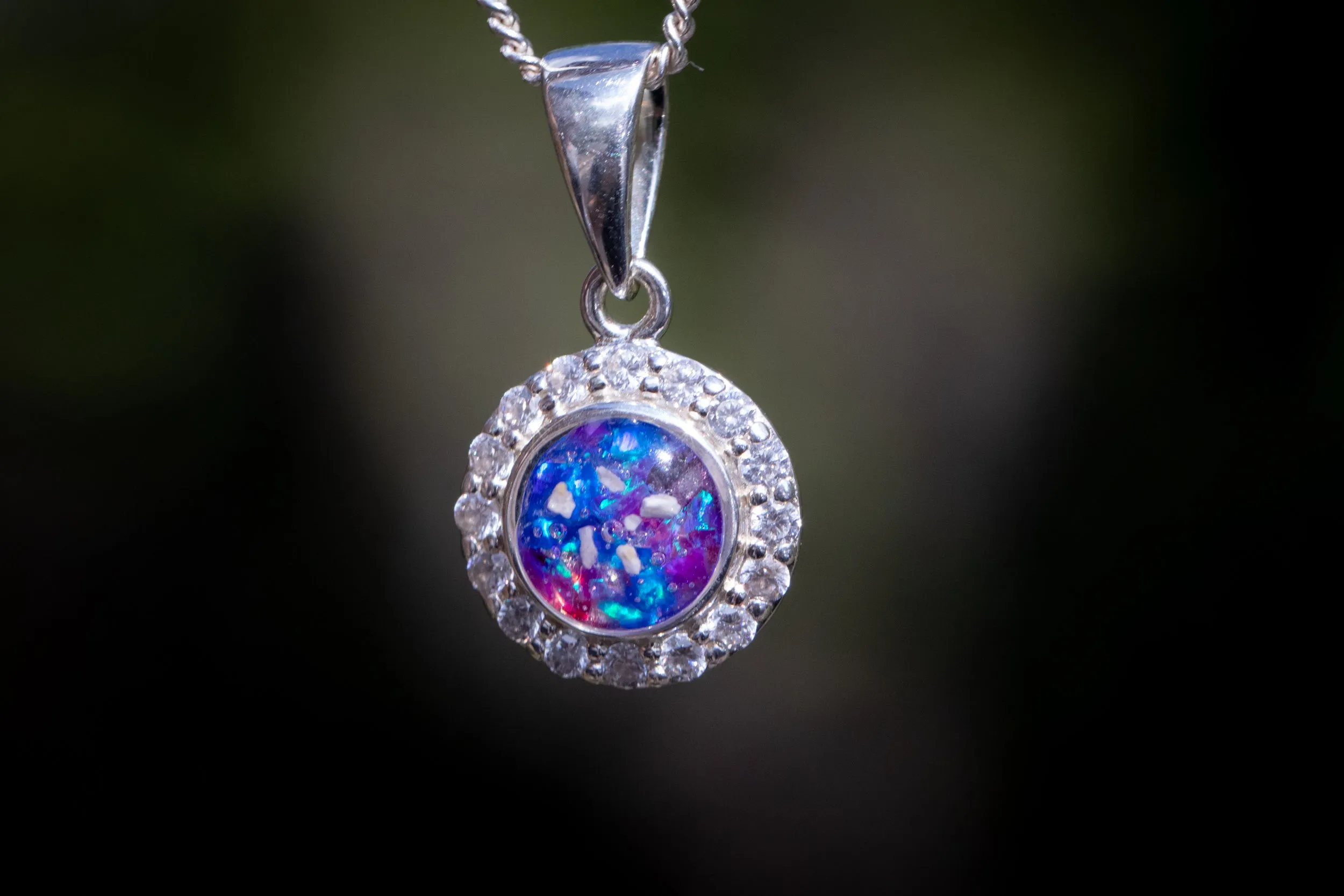 Dainty Bedazzled Circle Pendant with Cremation Ashes