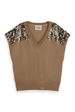 EMBELLISHED SHOULDER V NECK ARMY MELANGE