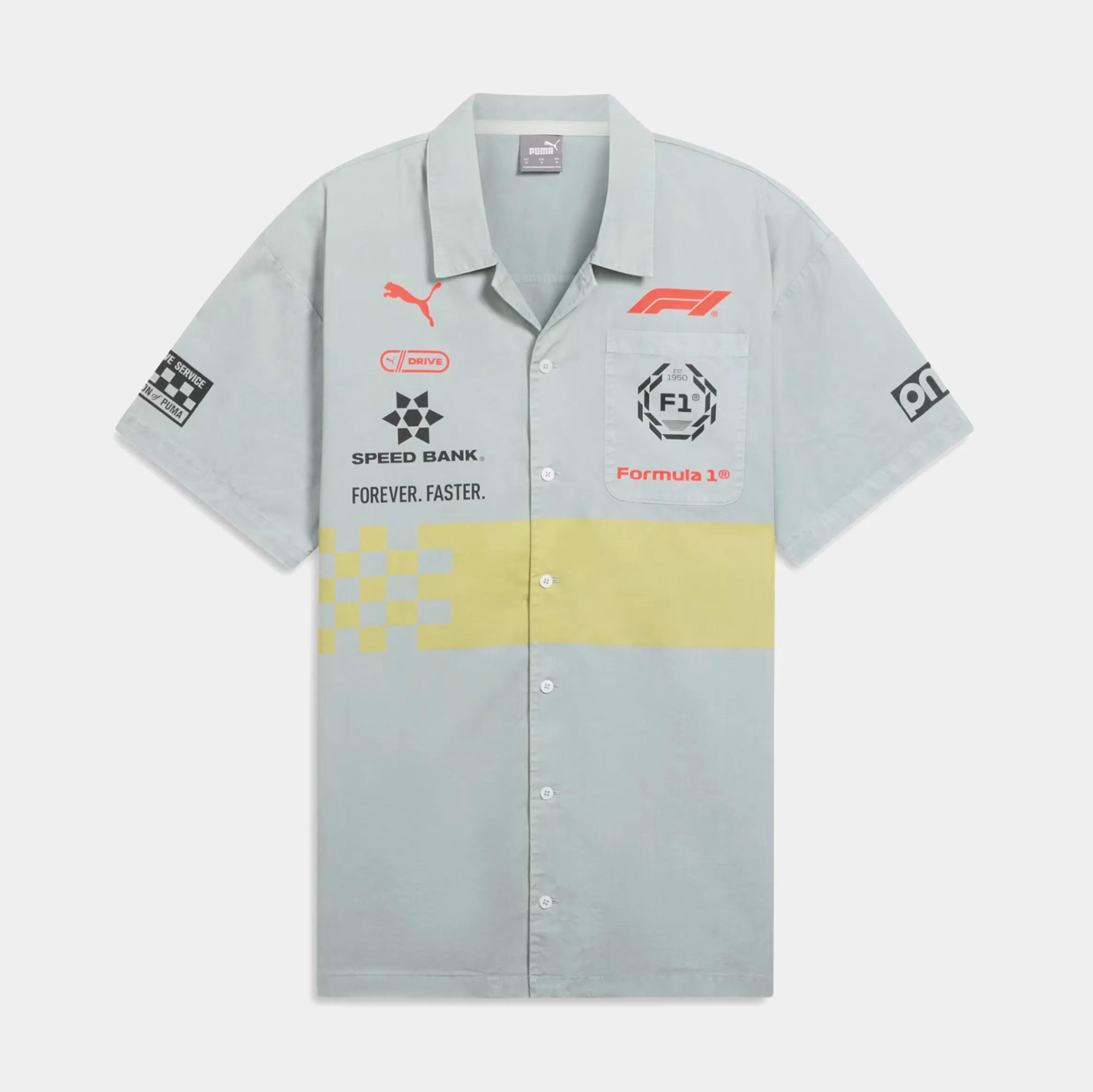 F1 Motorsport Racing Button Up Mens Short Sleeve Shirt (Grey/Red)