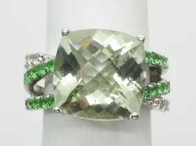 Fantasy Cushion CZ Green & White Sterling Silver Filigree Ring Size 5