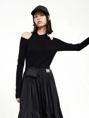 Fitted Knit Top with Openwork on Shoulders