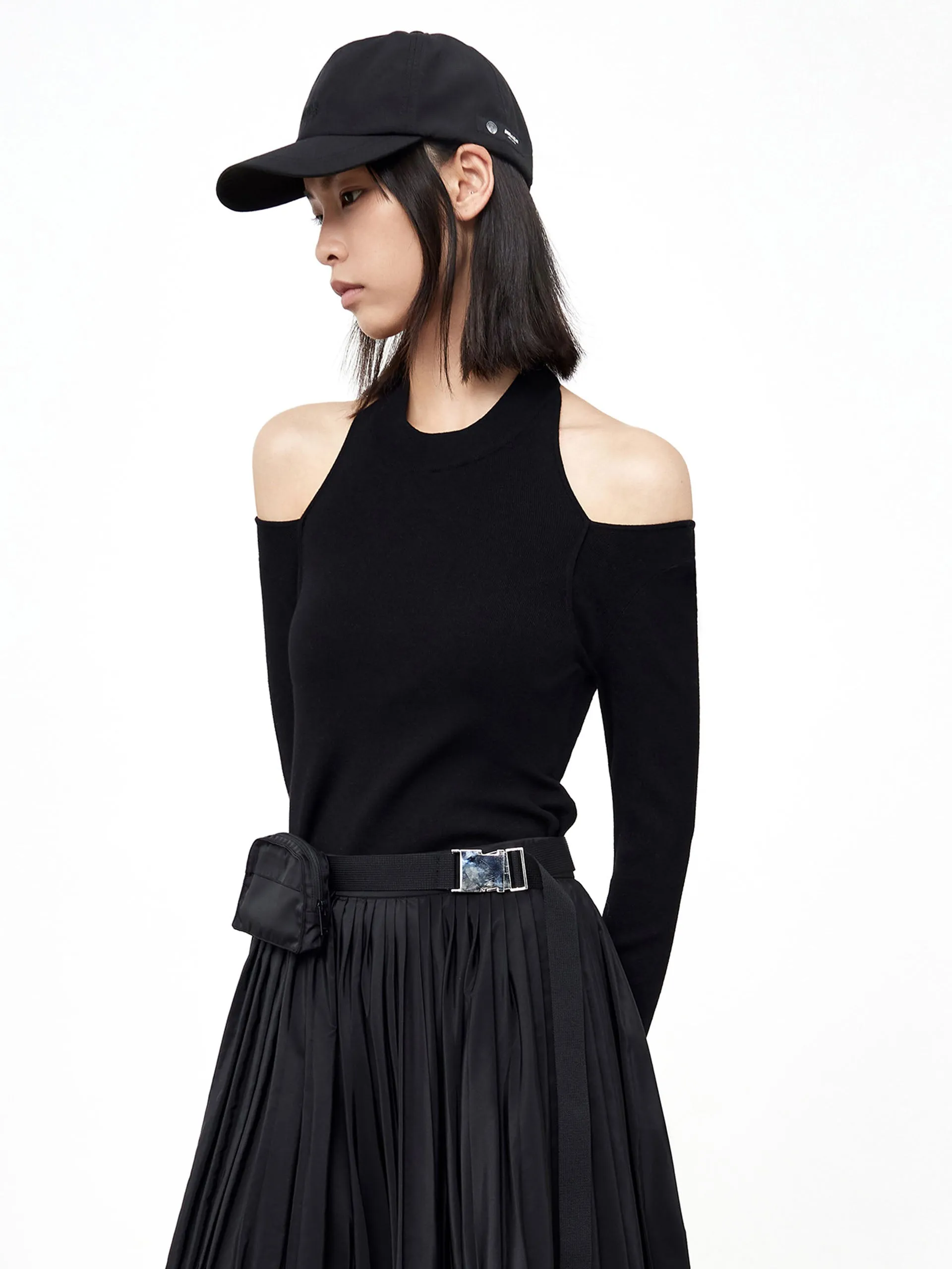 Fitted Knit Top with Openwork on Shoulders