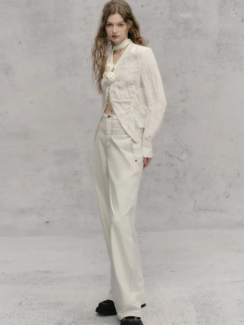 French V-Neck Micro-Waist Shirring Shirt & Skirt Set