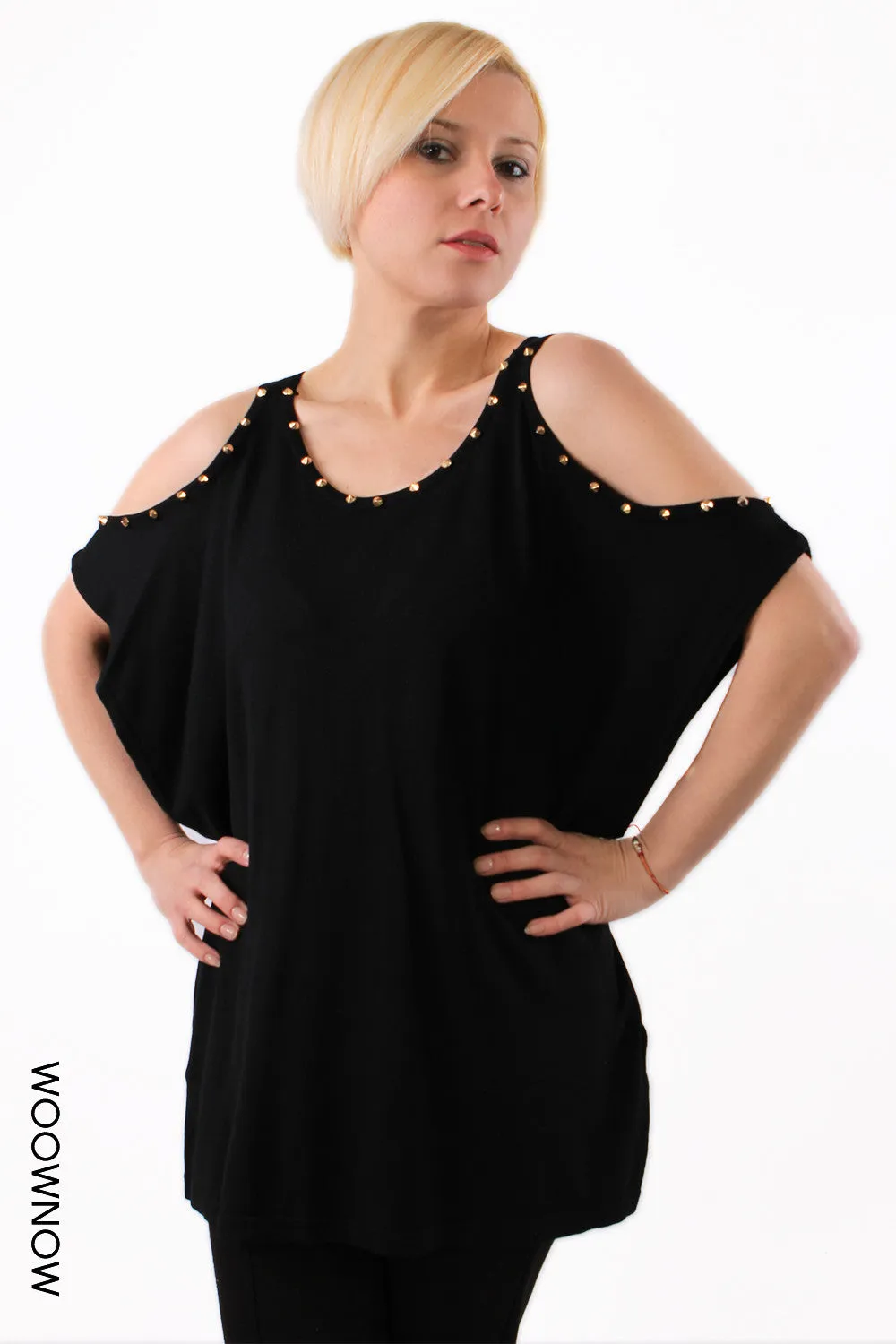 Galina Studded Cold Shoulder Knit Party Top