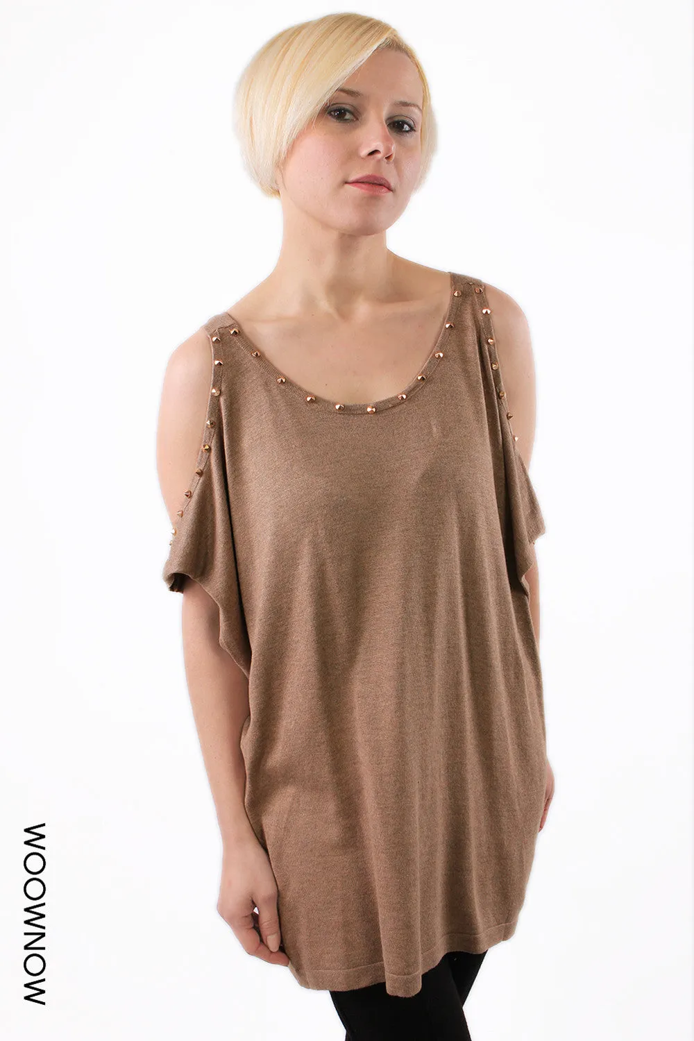Galina Studded Cold Shoulder Knit Party Top