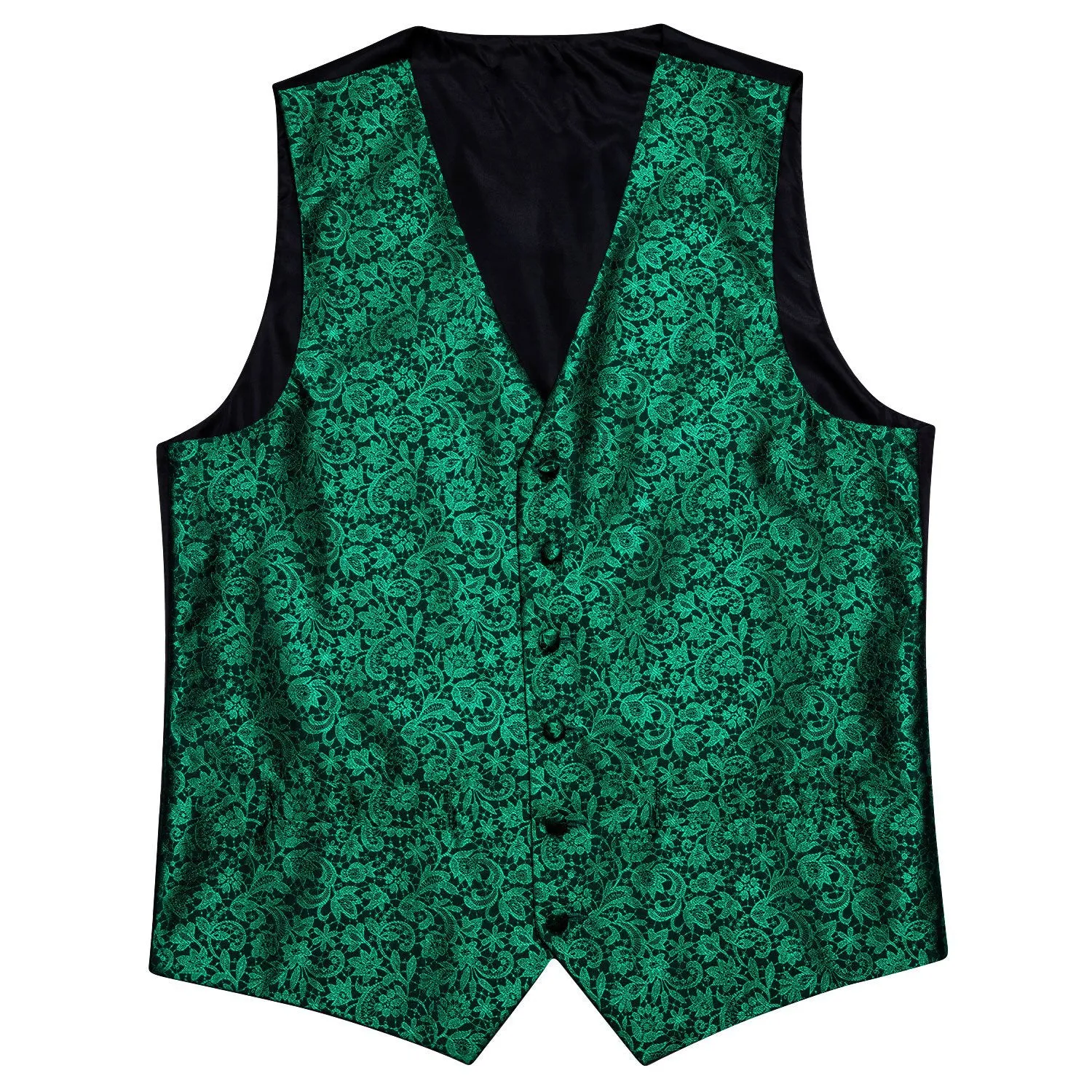 Green Black Floral Silk Men's Vest Tie Hanky Cufflinks Set Waistcoat Suit Set