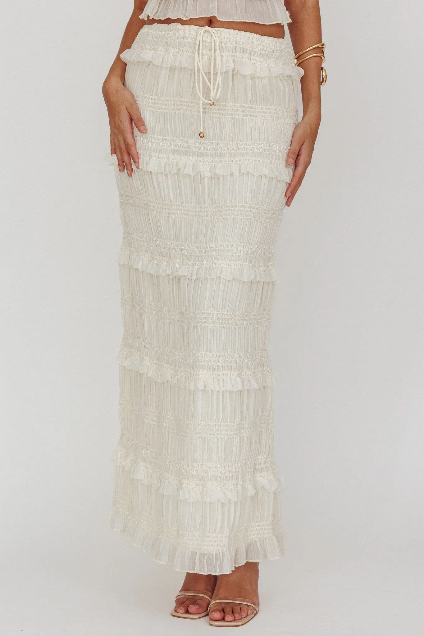 Helios Shirred Sequin Maxi Skirt Beige