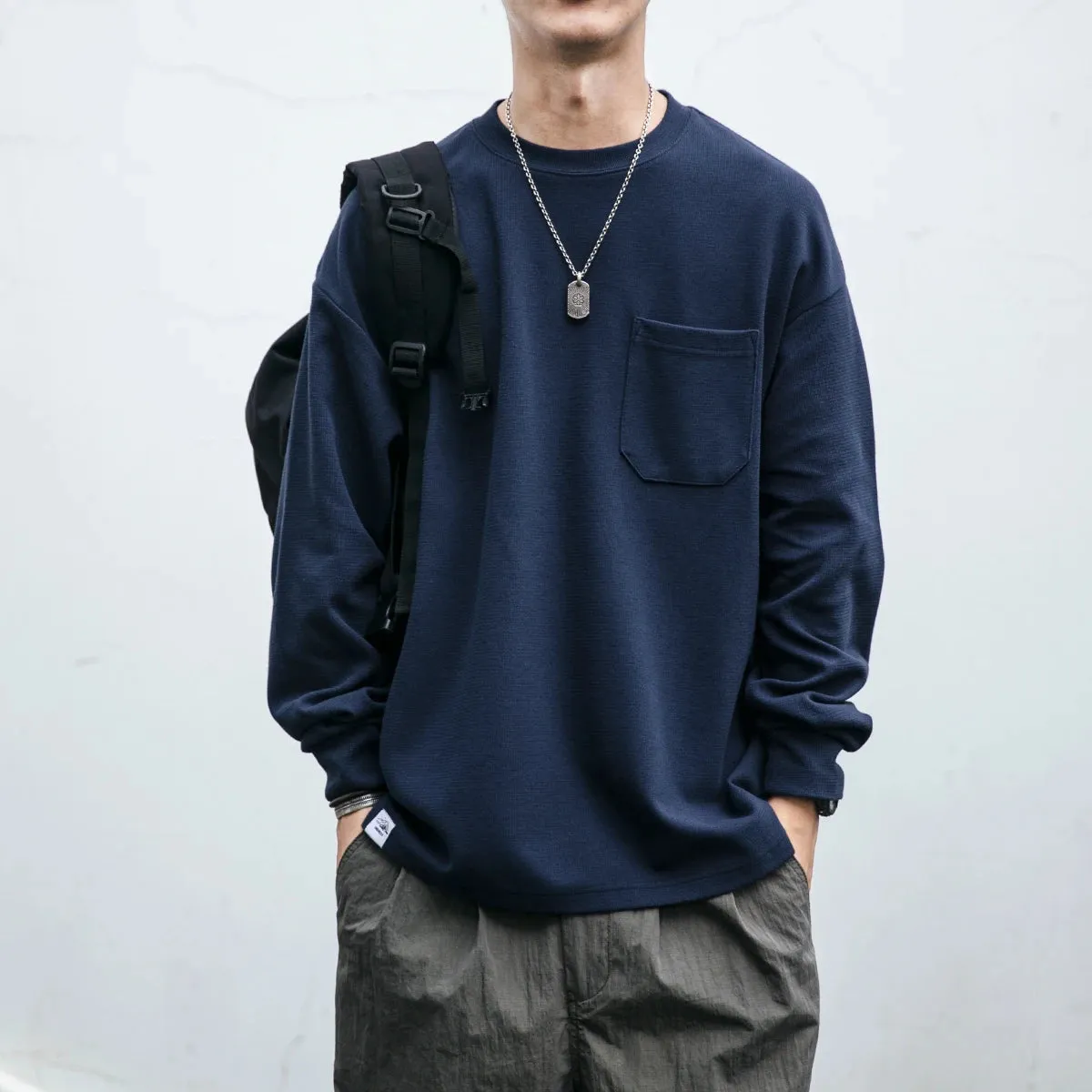 Japanese Streetwear Solid Color Long Sleeves Men's Casual Sweatshirt