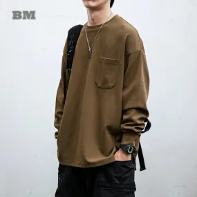 Japanese Streetwear Solid Color Long Sleeves Men's Casual Sweatshirt