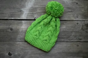 Knit beanie hat in green lime with pom pom, winter accessories