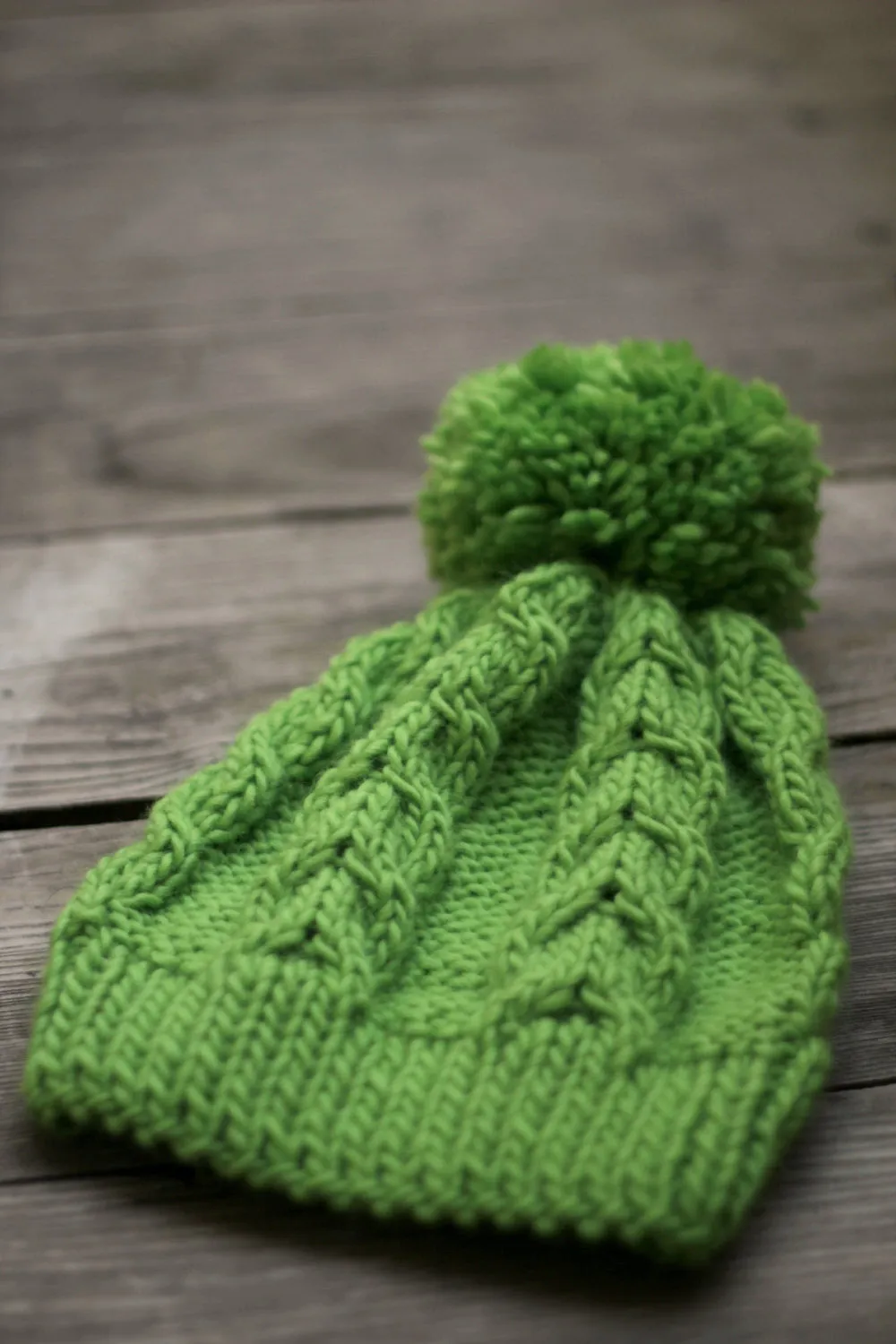 Knit beanie hat in green lime with pom pom, winter accessories